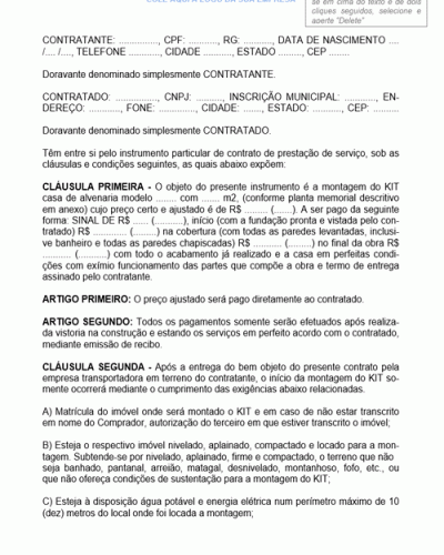 Modelo de Contrato de Prestação de Serviços de Empreitada de Mão de Obra Cujo Objeto e a Montagem de kit de Casa de Alvenaria