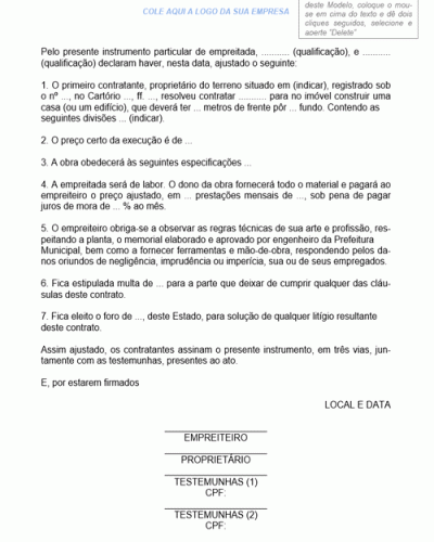 Modelo de Contrato de Prestação de Serviços de Empreitada por Labor