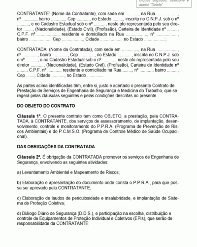 Modelo de Contrato de Prestação de Serviços de Engenharia e Medicina do Trabalho