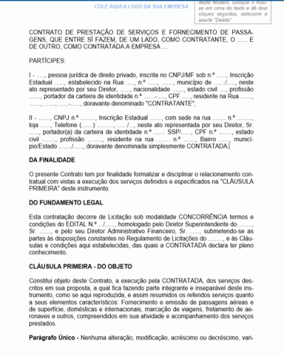 Modelo de Contrato de Prestação de Serviços de Fornecimento de Passagem Aérea