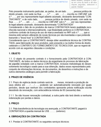 Modelo de Contrato de Prestação de Serviços de Fornecimento de Tecnologia