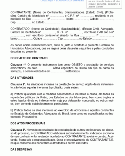 Modelo de Contrato de Prestação de Serviços de Honorários Advocatícios para Ajuizamento de Ação