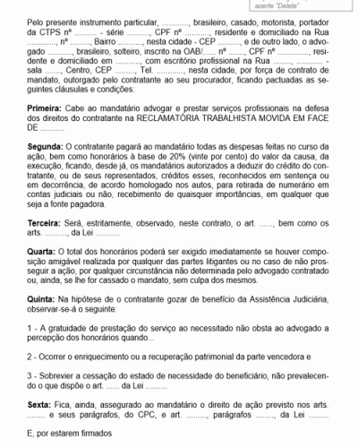 Modelo de Contrato de Prestação de Serviços de Honorários Advocatícios Referentes a Propositura de Ação Trabalhista