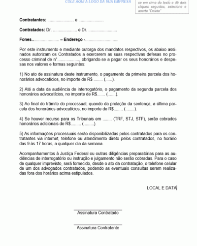 Modelo de Contrato de Prestação de Serviços de Honorários Específico para a Área de Direito Penal