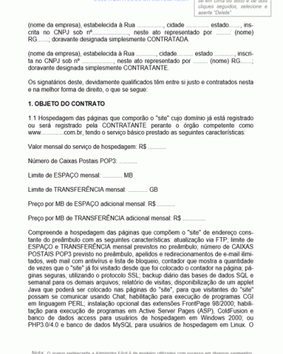 Modelo de Contrato de Prestação de Serviços de Hospedagem de Web Site por Prazo Determinado