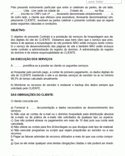 Modelo de Contrato de Prestação de Serviços de Hospedagem de Web Site não Inclusos Neste Contrato o Serviço de Desenvolvimento