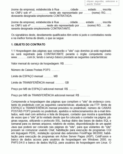 Modelo de Contrato de Prestação de Serviços de Hospedagem de Web Site sem Cláusula de Exclusividade