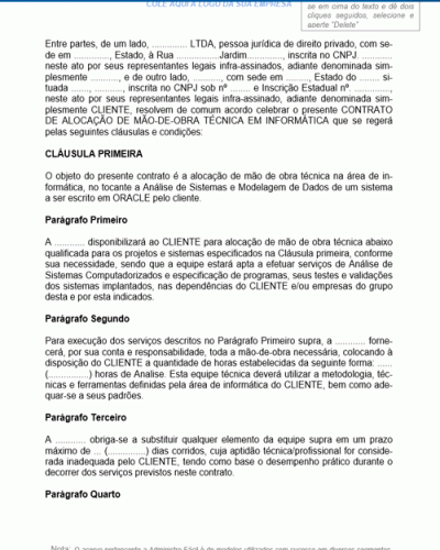 Modelo de Contrato de Prestação de Serviços de Locação de Mão de Obra Técnica em Informática