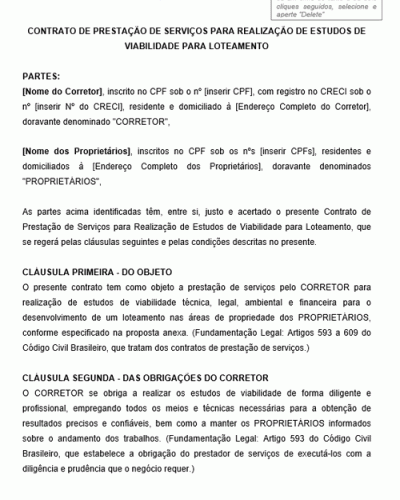 Modelo de Contrato de prestação de serviços para realização de estudos de viabilidade para loteamento