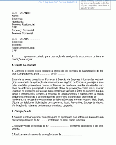 Modelo de Contrato de Prestação de Serviços Manutenção de Equipamentos