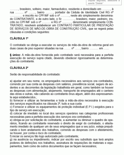 Modelo de Contrato de Prestação de Serviços de Mão de Obra de Construção Civil