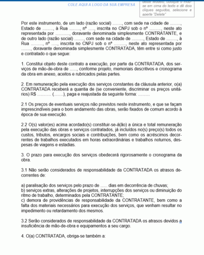 Modelo de Contrato de Prestação de Serviços de Mão de Obra em empreitada para Consecução de Projeto de Obra em Edificação