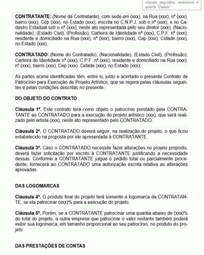 Modelo de Contrato de Prestação de Serviços Patrocínio para Execução de Projeto Artístico