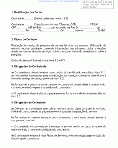 Modelo de Contrato de Prestação de Serviços Pesquisa de Normas Técnicas de Engenharia