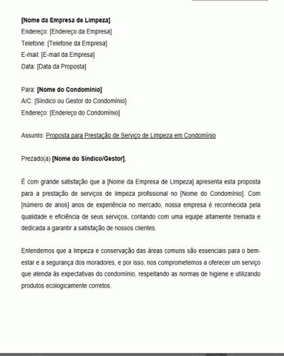 Modelo de Proposta Comercial para Prestação de Serviço de Limpeza em Condomínio