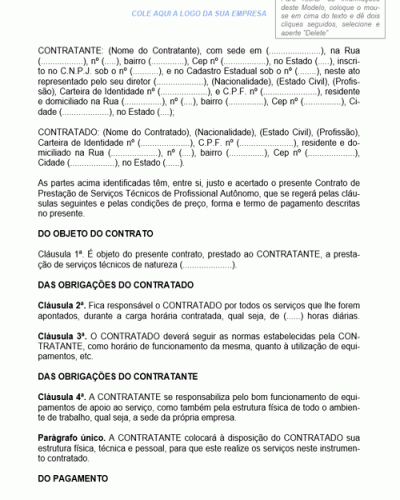 Modelo de Contrato de Prestação de Serviços Profissional Autônomo por Prazo Indeterminado