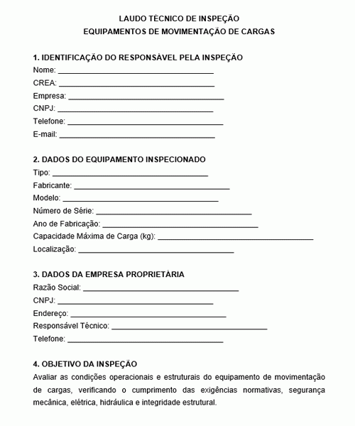 Visualização principal de Modelo de Laudo Técnico de Inspeção de Equipamentos de Movimentação de Cargas