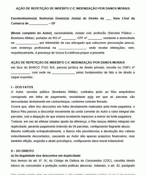 Visualização principal de Modelo de Ação de Repetição de Indébito cc Indenização por Danos Morais em Descontos em Duplicidade de Empréstimo Consignado