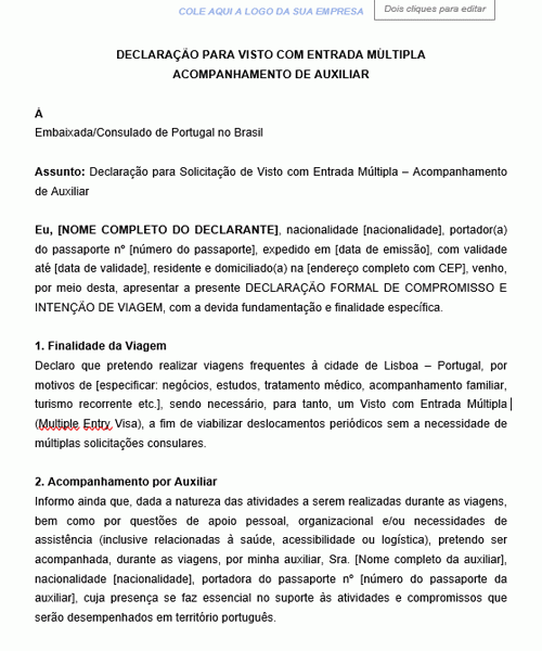 Visualização principal de Modelo de Declaração para Solicitação de Visto com Entrada Múltipla e Acompanhamento de Auxiliar
