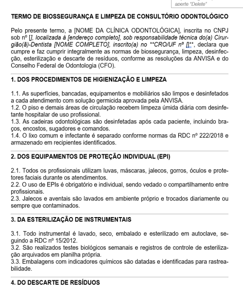 Visualização principal de Modelo de Termo de Biossegurança e Limpeza de Consultório Odontológico