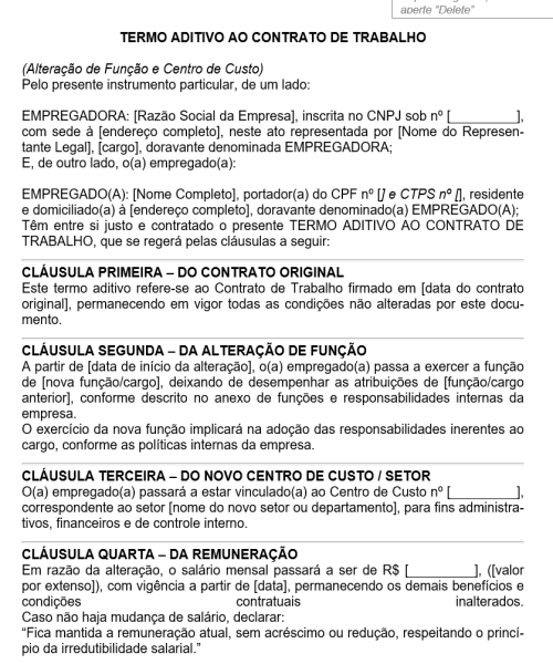 Visualização principal de Modelo de Termo Aditivo com Alteração na Função e no Centro de Custo