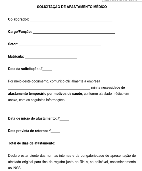 Visualização principal de Modelo de Solicitação de Afastamento Médico – Documento para Requerimento de Licença por Motivos de Saúde