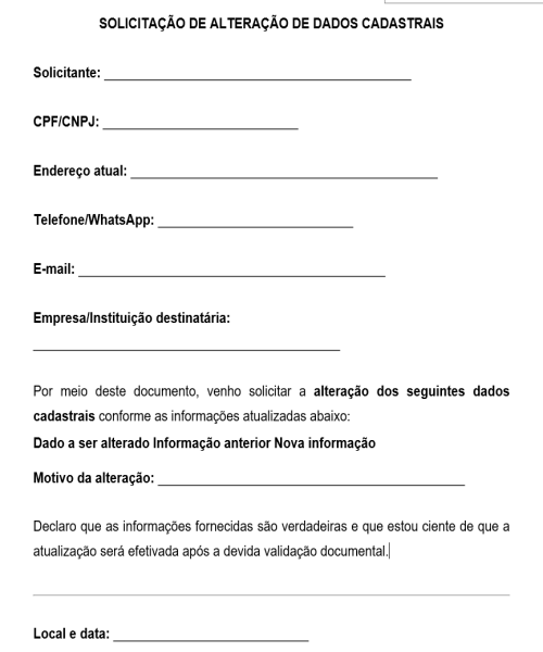 Visualização principal de Modelo de Solicitação de Alteração de Dados Cadastrais – Documento para Atualização de Informações Pessoais ou Empresariais