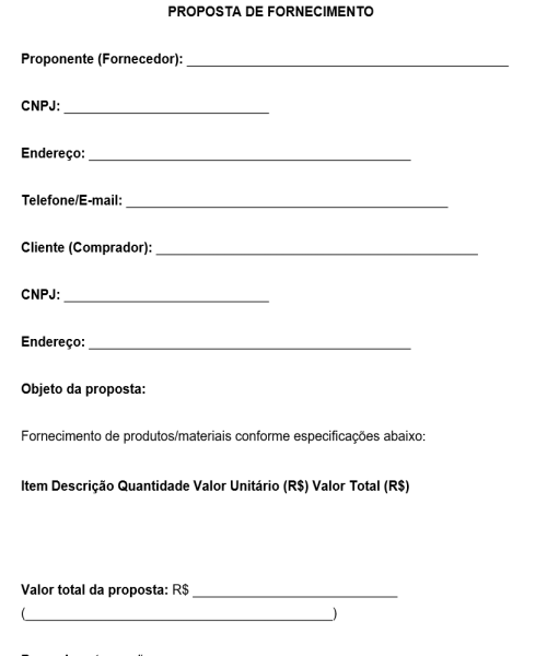 Visualização principal de Modelo de Proposta de Fornecimento – Documento Comercial para Oferta de Produtos, Condições e Prazos de Entrega