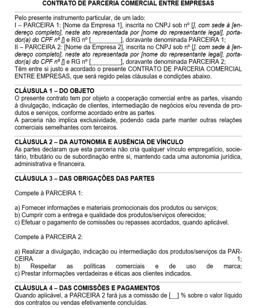 Visualização principal de Modelo de Contrato de Parceria Comercial entre Empresas — Cooperação, Indicação e Divulgação de Serviços