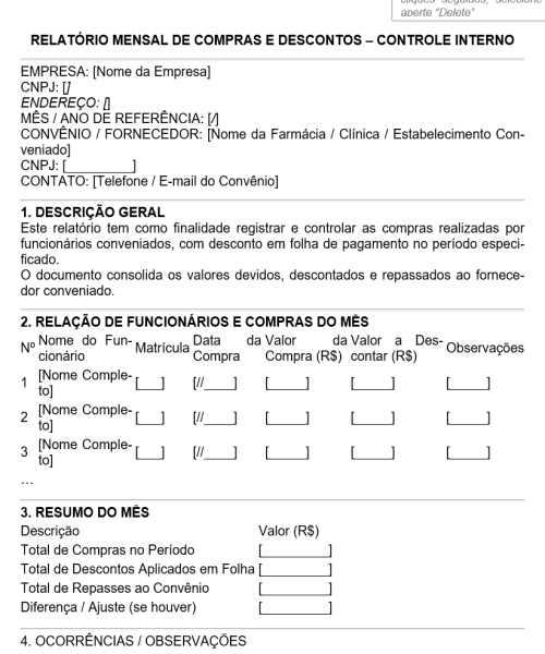 Visualização principal de Modelo de Relatório Mensal de Compras e Descontos – Controle Interno de Convênios e Folha de Pagamento