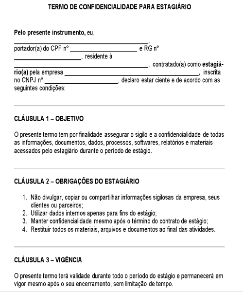 Visualização principal de Modelo de Termo de Confidencialidade para Estagiário – Documento Legal de Sigilo e Proteção de Informações Internas
