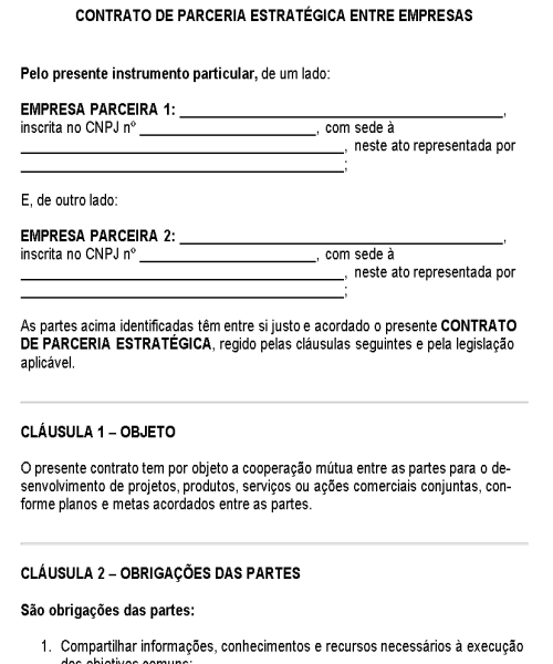 Visualização principal de Modelo de Contrato de Parceria Estratégica entre Empresas – Documento Comercial para Cooperação e Desenvolvimento de Negócios