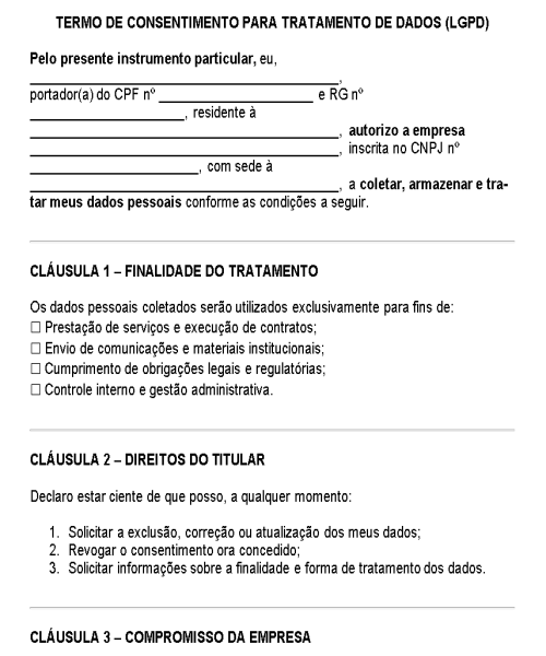 Visualização principal de Modelo de Termo de Consentimento para Tratamento de Dados (LGPD) – Documento para Autorização do Uso e Armazenamento de Informações Pessoais