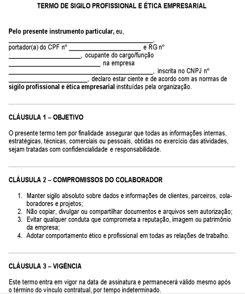 Visualização principal de Modelo de Termo de Sigilo Profissional e Ética Empresarial – Documento para Garantir Confidencialidade e Conduta Ética nas Organizações