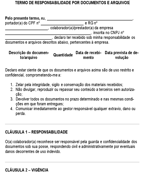 Visualização principal de Modelo de Termo de Responsabilidade por Documentos e Arquivos – Documento para Controle, Guarda e Devolução de Registros Empresariais