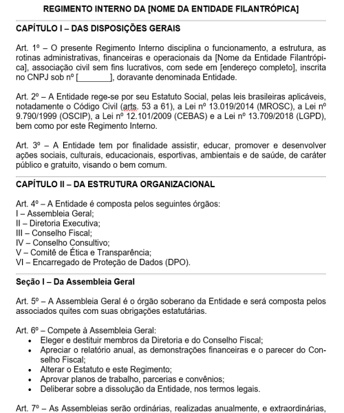 Visualização principal de Modelo de Regimento Interno de Entidade Filantrópica — Estrutura, Órgãos, Rotinas Administrativas