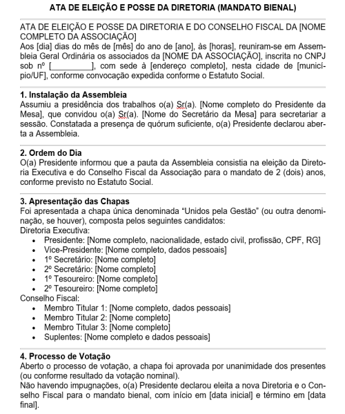 Visualização principal de Modelo de Ata de Eleição e Posse da Diretoria – Mandato Bienal | Associação Civil, ONG ou Entidade Filantrópica