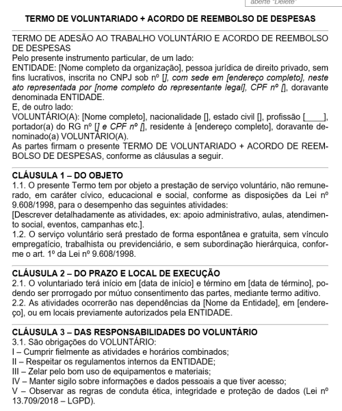 Visualização principal de Modelo de Termo de Voluntariado + Acordo de Reembolso de Despesas — Conformidade Legal, Responsabilidades, Proteção de Dados e Prestação de Contas
