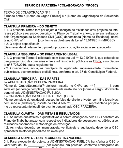 Visualização principal de Modelo de Termo de Parceria / Colaboração – Lei 13.019/2014 (MROSC)