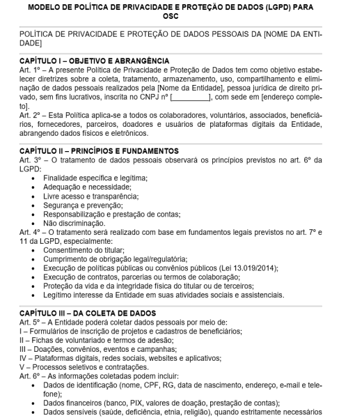 Visualização principal de Modelo de Política de Privacidade e Proteção de Dados (LGPD) para Organizações da Sociedade Civil