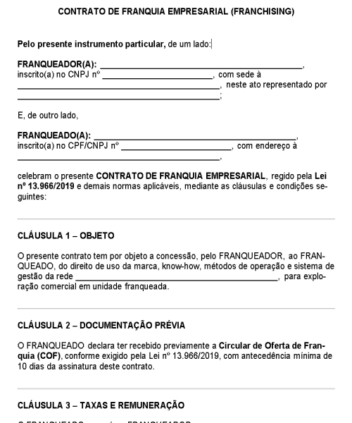 Visualização principal de Modelo de Contrato de Franquia Empresarial (Franchising) – Documento Jurídico para Concessão de Uso de Marca e Sistema de Negócios