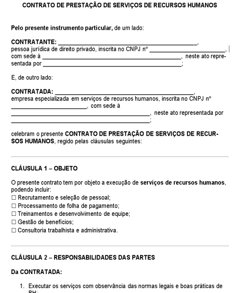 Visualização principal de Modelo de Contrato de Prestação de Serviços de Recursos Humanos – Documento Profissional para Terceirização e Gestão de Pessoal