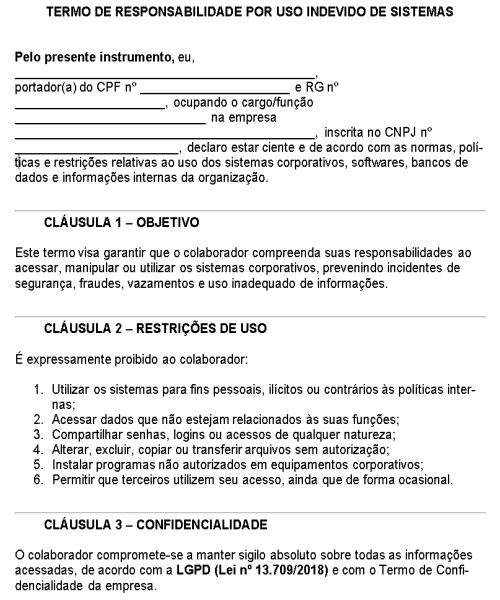 Visualização principal de Modelo de Termo de Responsabilidade por Uso Indevido de Sistemas – Documento para Segurança da Informação e Controle de Acessos