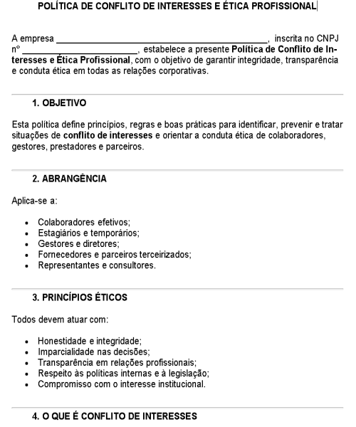 Visualização principal de Modelo de Política de Conflito de Interesses e Ética Profissional – Diretrizes Corporativas para Integridade, Transparência e Conduta Ética