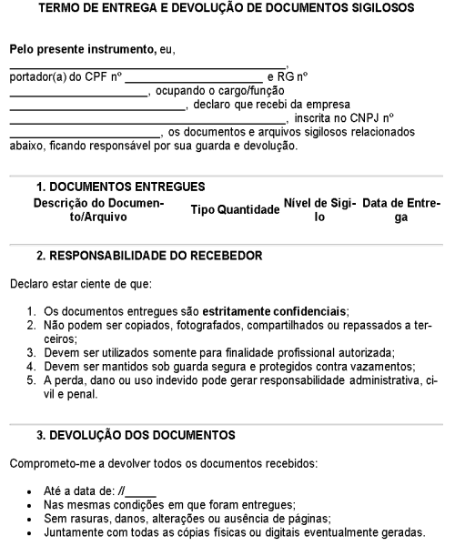 Visualização principal de Modelo de Termo de Entrega e Devolução de Documentos Sigilosos – Controle de Acesso, Guarda e Restituição de Arquivos Confidenciais