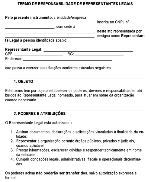 Visualização principal de Modelo de Termo de Responsabilidade de Representantes Legais – Documento para Nomeação, Atuação e Obrigações Jurídicas do Representante