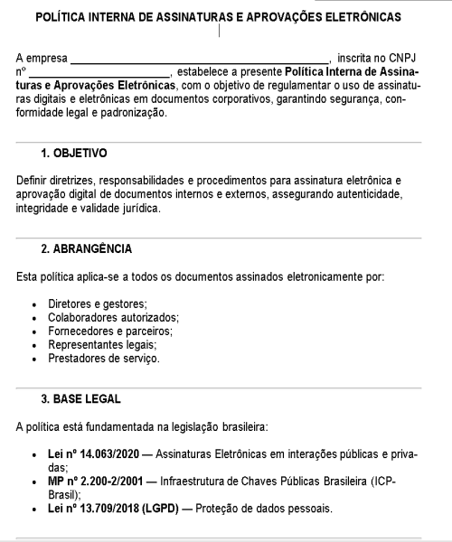 Visualização principal de Modelo de Política Interna de Assinaturas e Aprovações Eletrônicas – Diretrizes Corporativas para Validade, Segurança e Controle de Documentos Digitais
