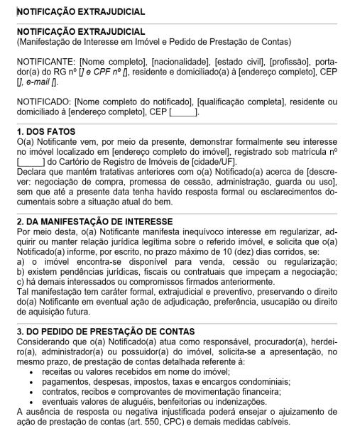 Visualização principal de Modelo de Notificação Extrajudicial — Manifestação de Interesse em Imóvel e Pedido de Prestação de Contas