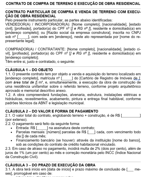 Visualização principal de Modelo de Contrato de Compra e Venda de Terreno com Execução de Obra Residencial