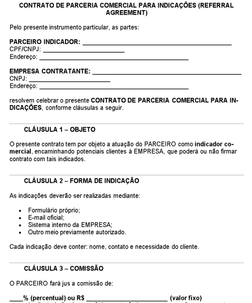Visualização principal de Modelo de Contrato de Parceria Comercial para Indicações – Acordo de Referral com Comissão por Clientes Indicados